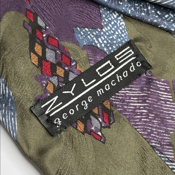 Zylos George Machado Vintage Men's Purple & Green Italian Silk Abstract Tie - Picture 4 of 5